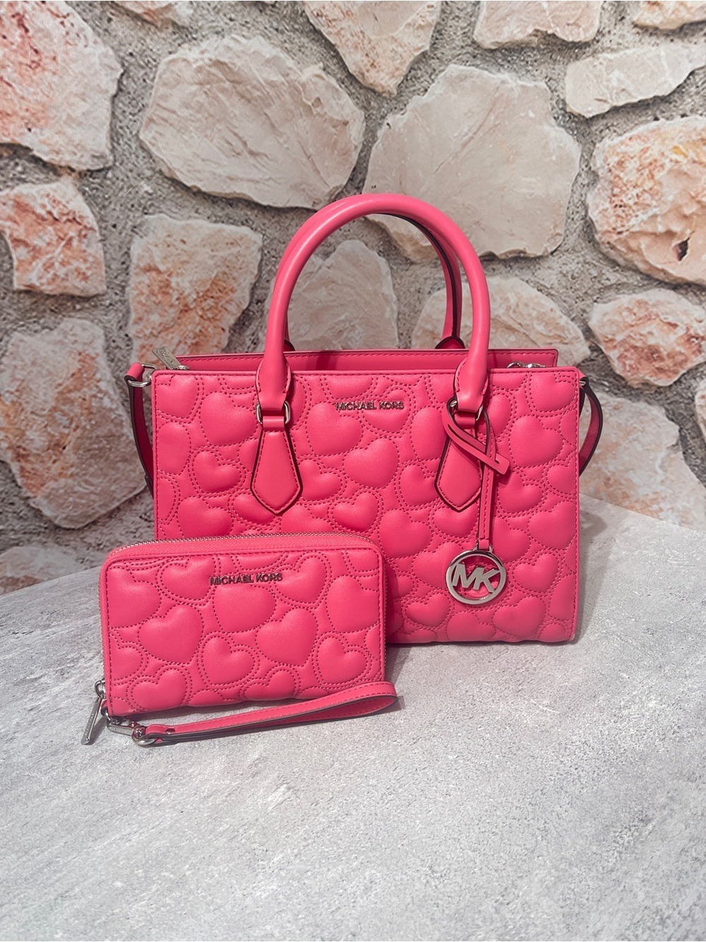 Michael Kors Sheila Quilted Heart Satchel & Wallet Set Hibiscus Pink